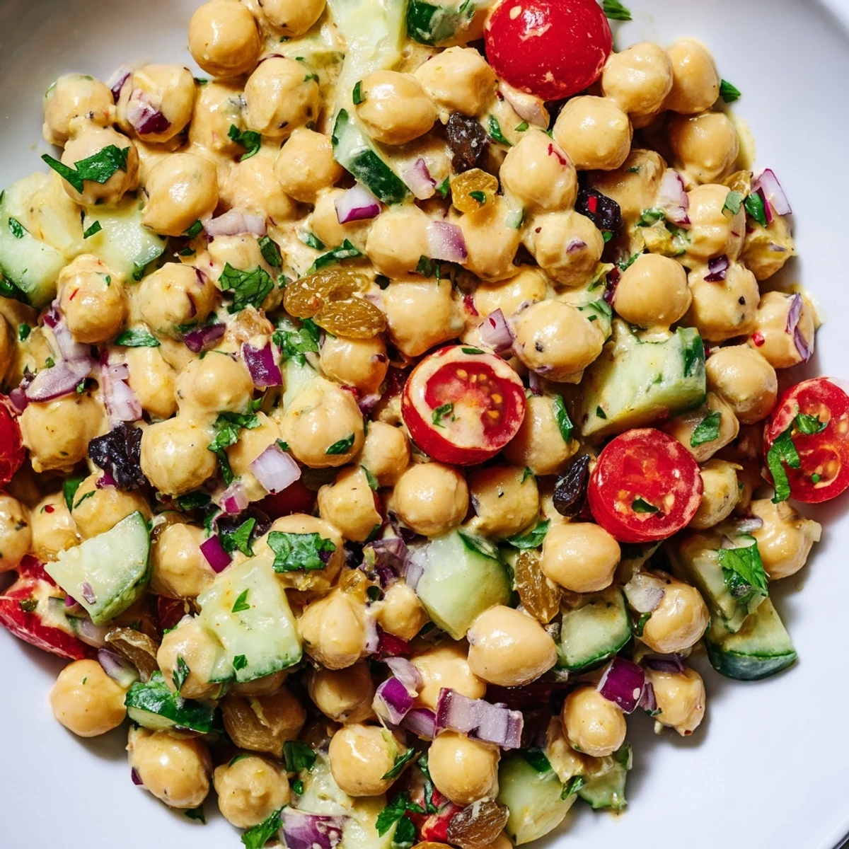 Colorful curried chickpea salad mixed with bell peppers and red onion, ready to enjoy as a vegan meal.