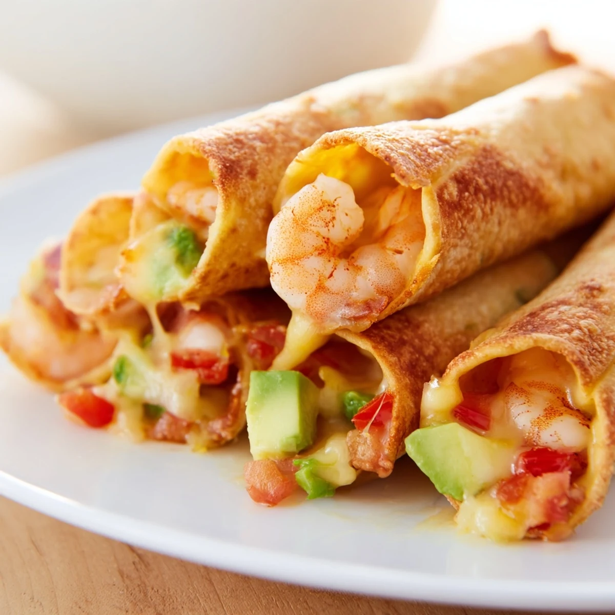 Crispy Shrimp Avocado Taquitos lined up on a rustic platter, filled with succulent shrimp and creamy avocado.