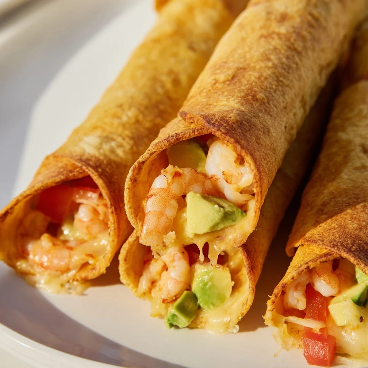 Freshly fried Crispy Shrimp Avocado Taquitos served with zesty salsa and lime wedges on the side.
