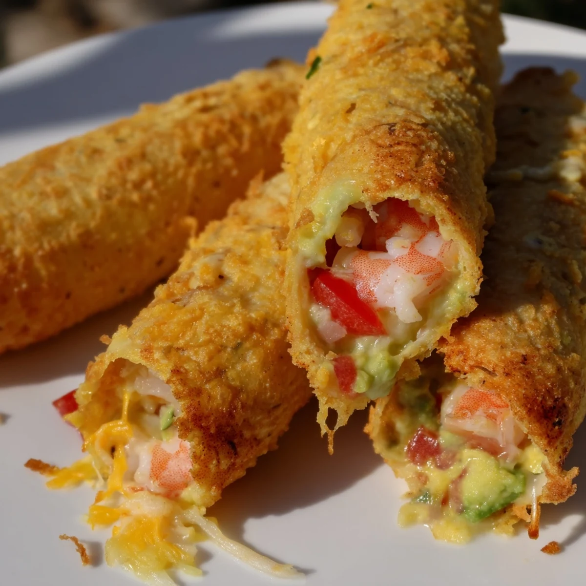 Golden-brown Crispy Shrimp Avocado Taquitos displayed on a plate with cilantro garnish and dipping sauce.