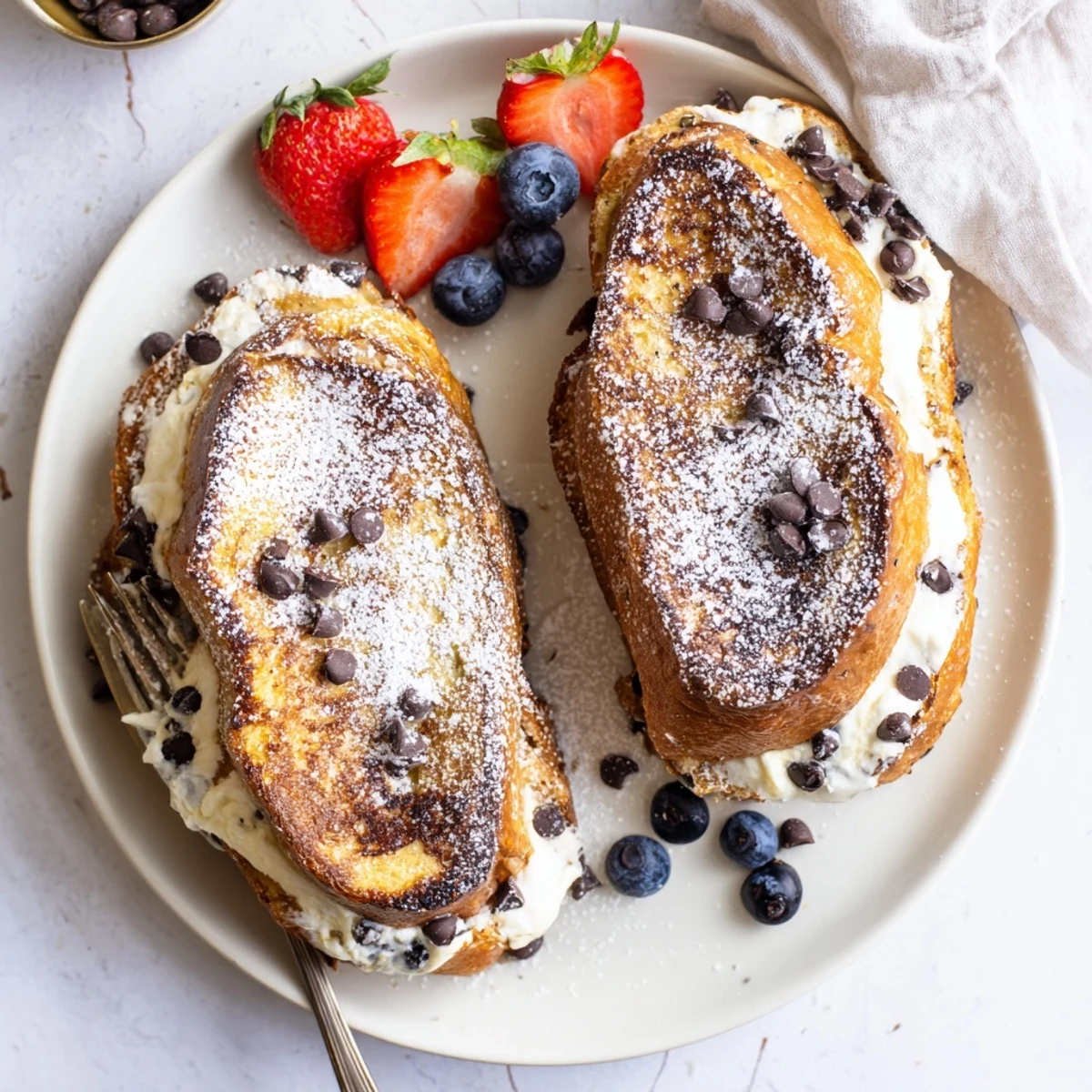 A close-up of Decadent Cannoli Stuffed French Toast dusted with powdered sugar and topped with chocolate chips.