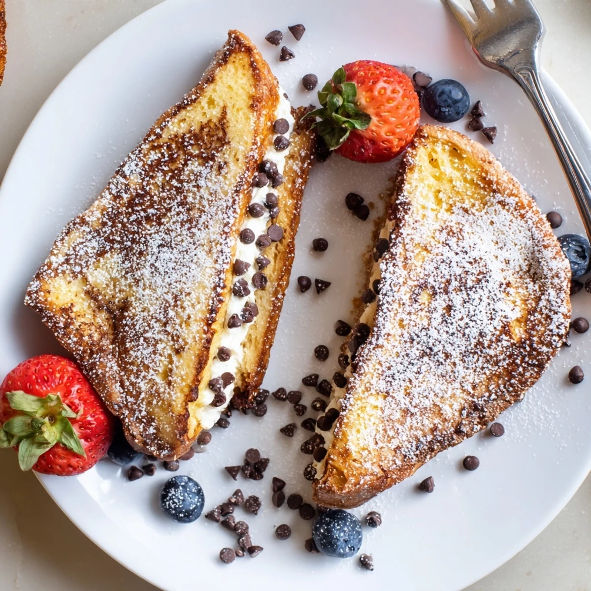 Thick slices of golden-brown brioche stuffed with creamy cannoli filling, served warm with fresh berries. Decadent Cannoli Stuffed French Toast