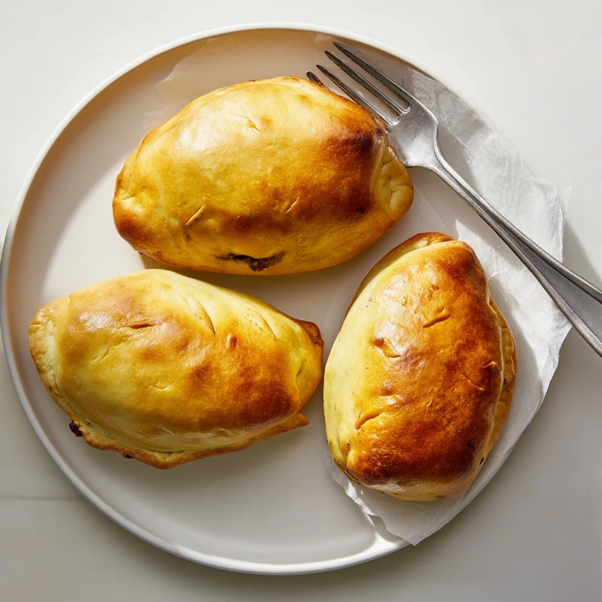 Freshly baked Cheesy Egg and Cheese Piroshki arranged on a white plate with a side of sour cream.