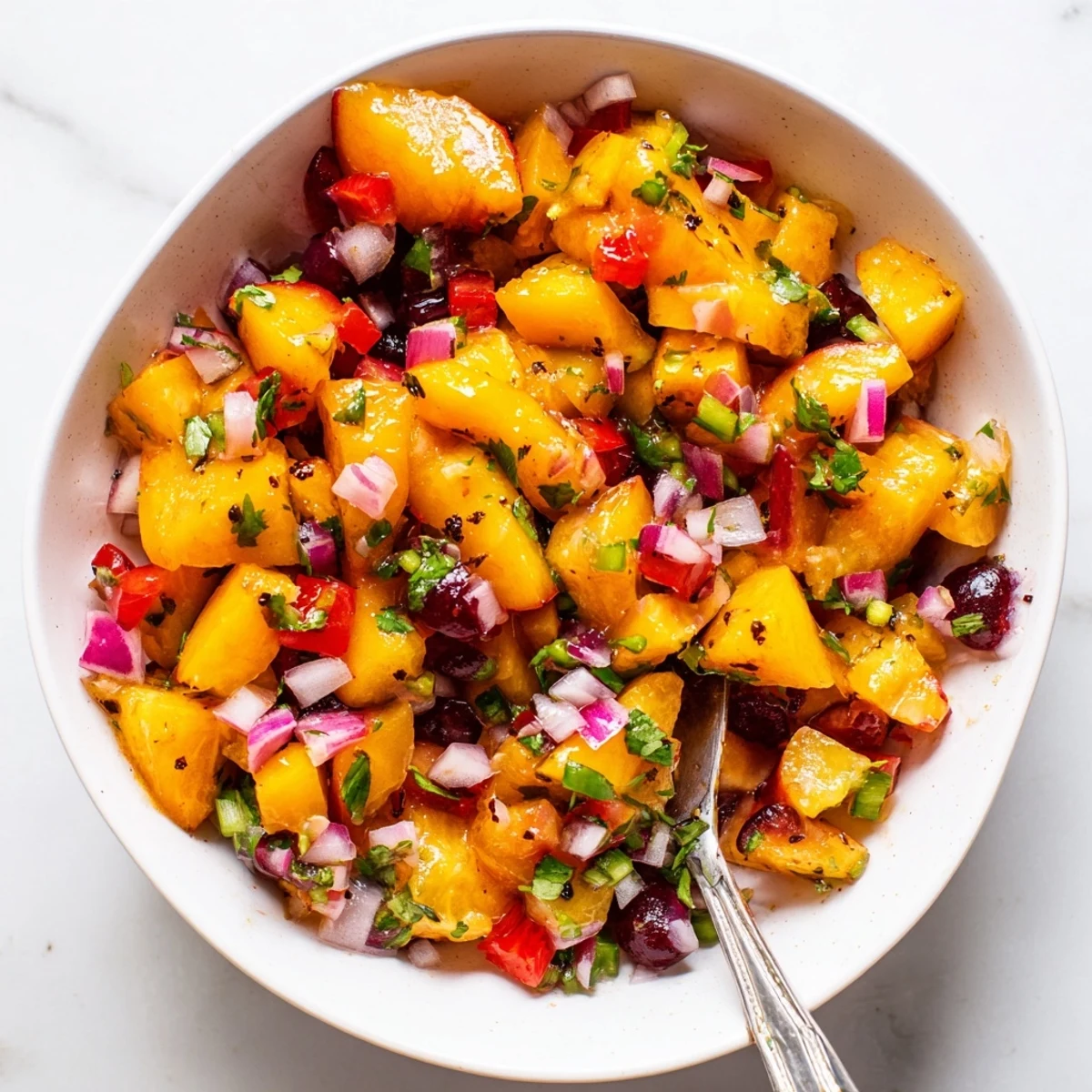 A colorful bowl of Healthy Peach Cherry Salsa served with crispy tortilla chips on a rustic wooden table, perfect for summer appetizers.