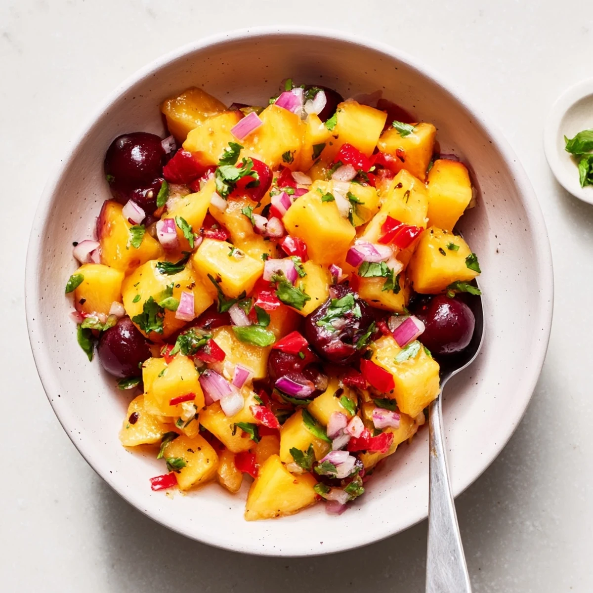 A close-up of vibrant Healthy Peach Cherry Salsa with diced peaches, cherries, and red onion in a white bowl, garnished with cilantro and a lime wedge.