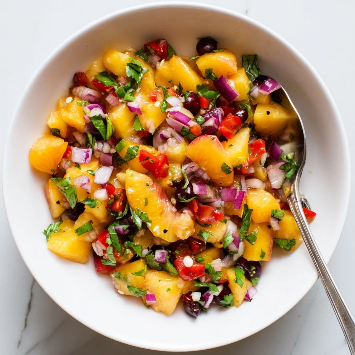 A refreshing bowl of Healthy Peach Cherry Salsa with juicy peaches and cherries, featuring red bell pepper and jalapeño for a zesty kick.
