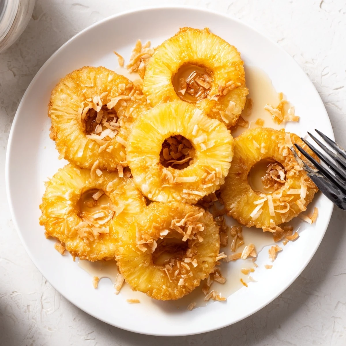 A close-up of Fried Pineapple rings drizzled with honey and topped with toasted coconut beside a scoop of vanilla ice cream.