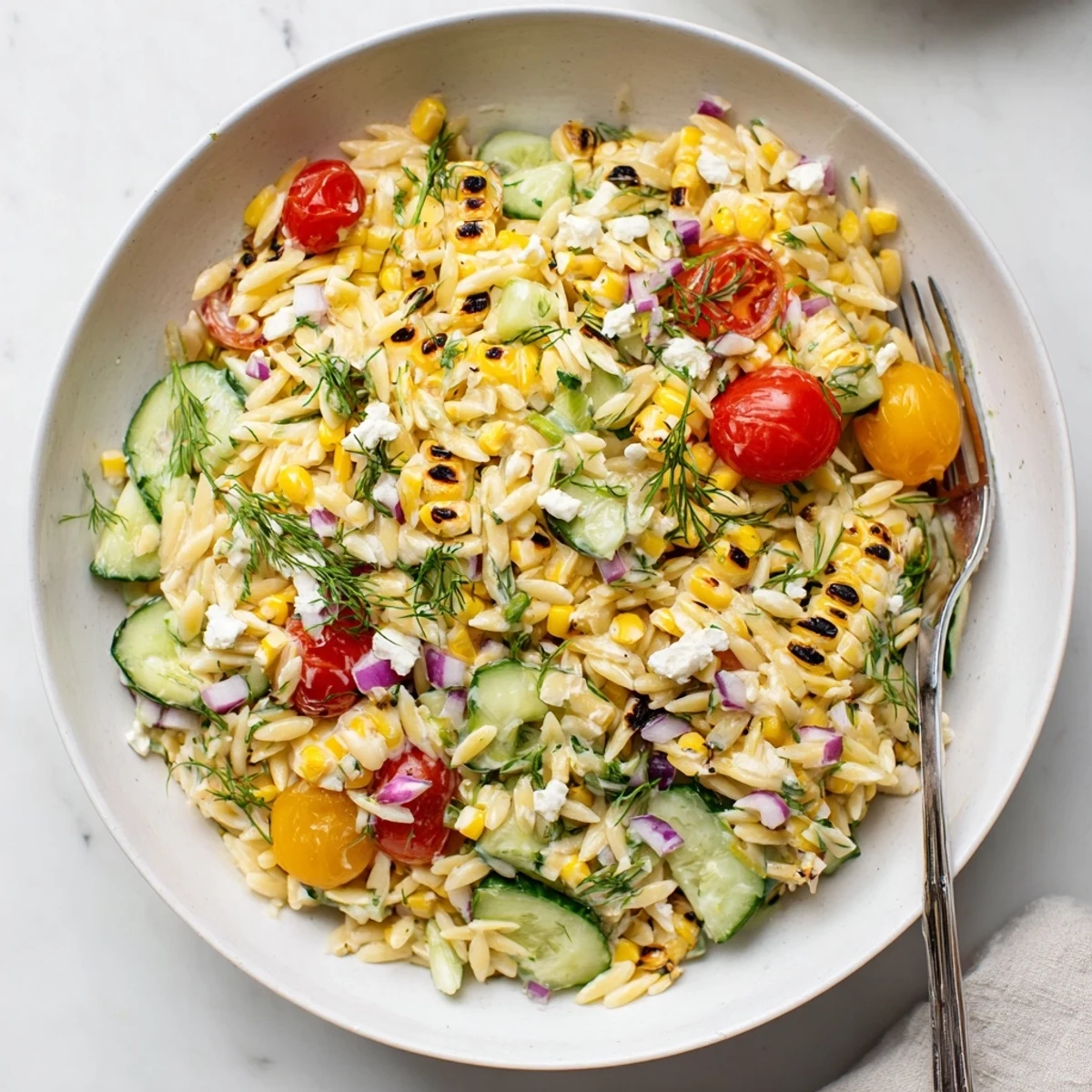 Scallion dill dressing coats every bite of this vibrant Grilled Corn Orzo Salad, served chilled or room temperature.