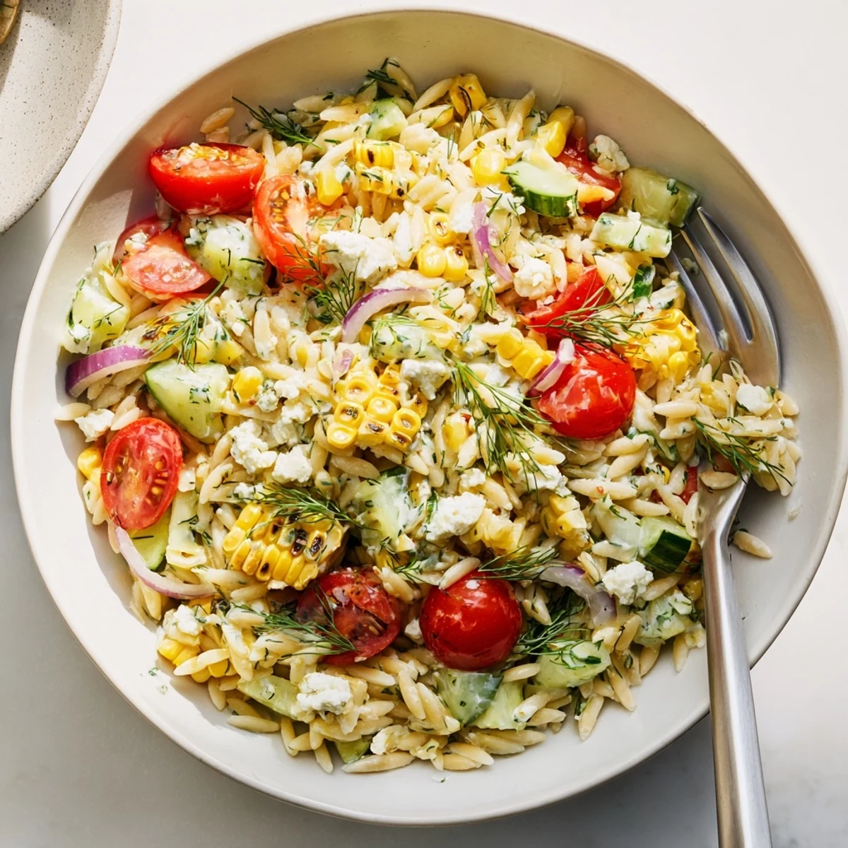 Smoky charred corn and fresh herbs star in this Grilled Corn Orzo Salad, perfect for a summer potluck.