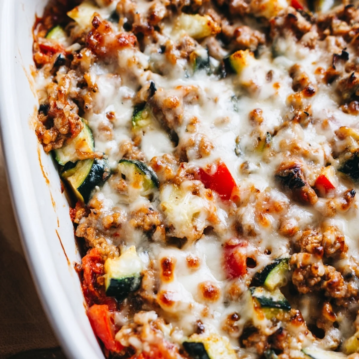 A close-up of the Easy Ground Turkey Zucchini Casserole with bubbly golden cheese and vibrant diced zucchini on a ceramic plate.