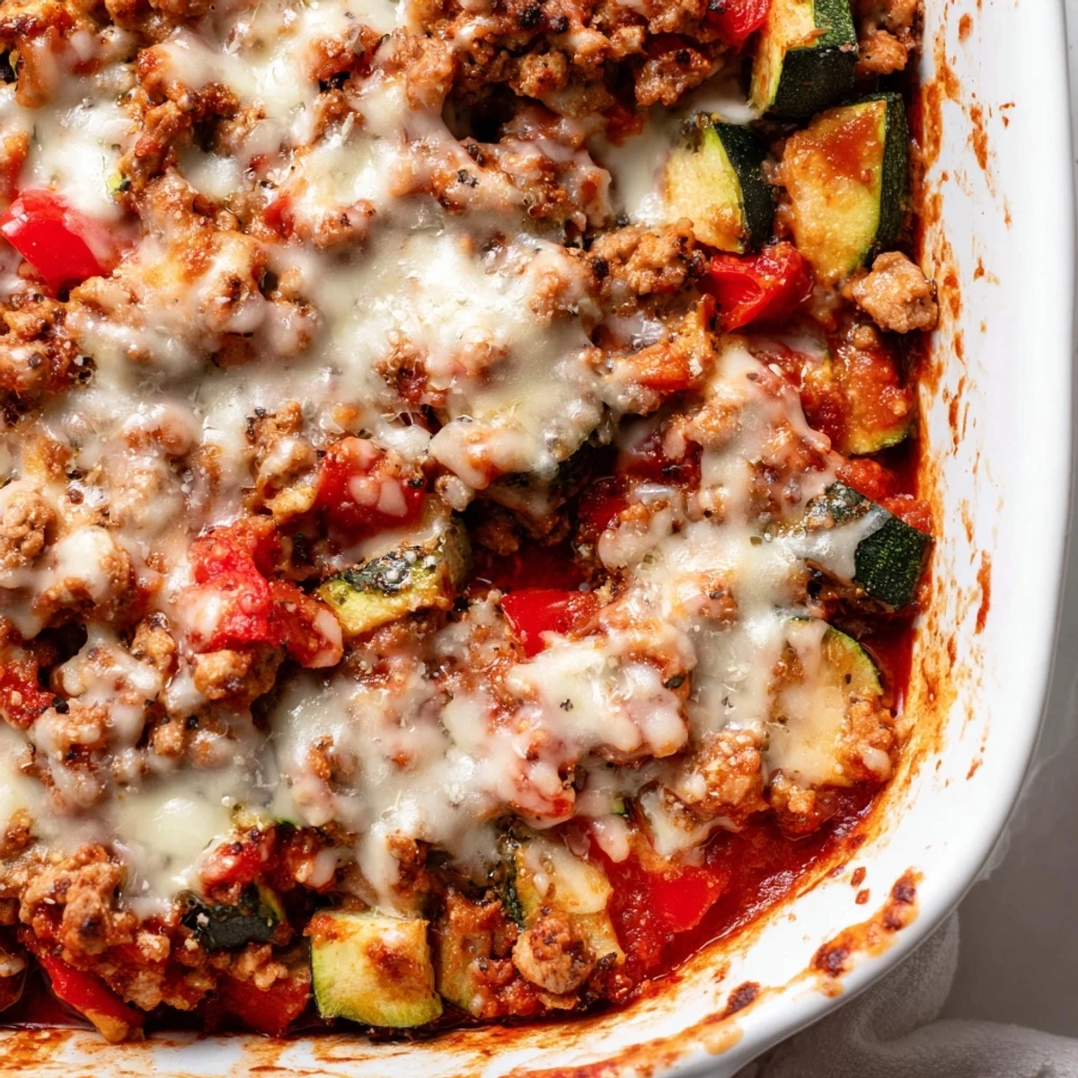The Easy Ground Turkey Zucchini Casserole shows a hearty scoop lifted from the dish, revealing layers of ground turkey and diced tomatoes.