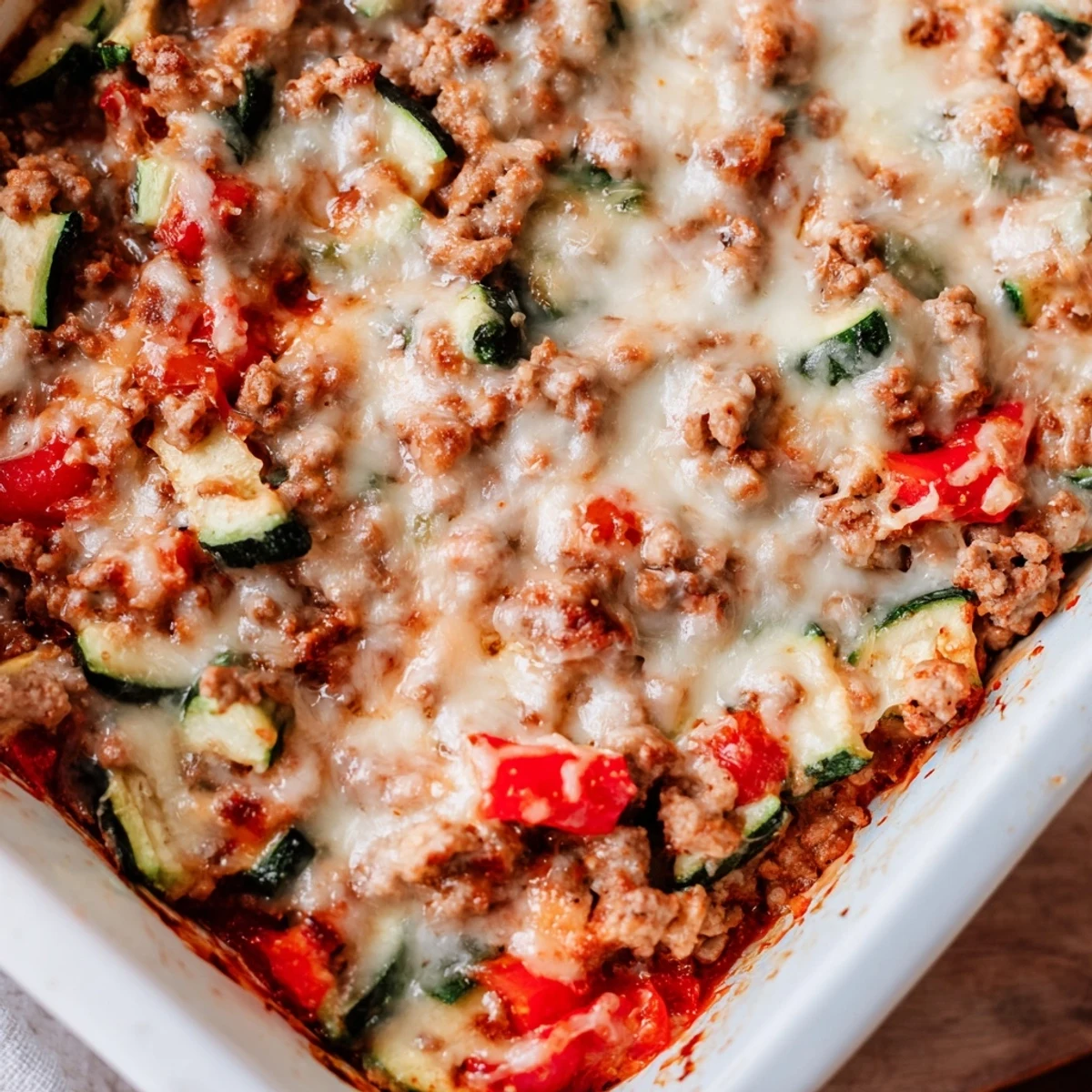 Served alongside a fresh green salad, the Easy Ground Turkey Zucchini Casserole steams gently in a white baking dish.