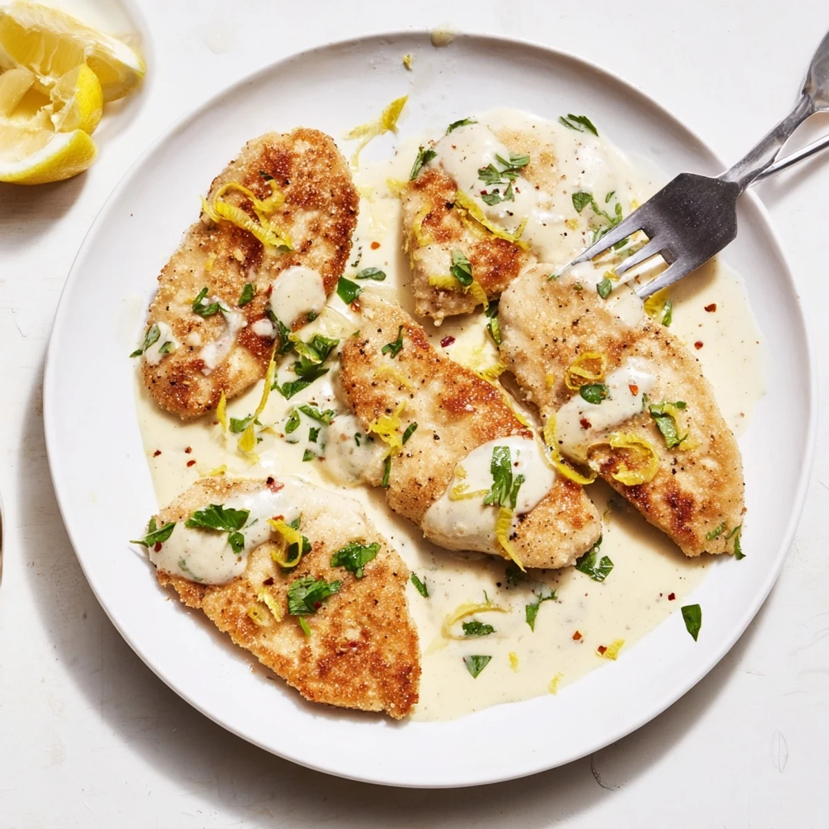 Golden-brown seared chicken breasts smothered in a creamy Parmesan lemon sauce garnished with fresh parsley.