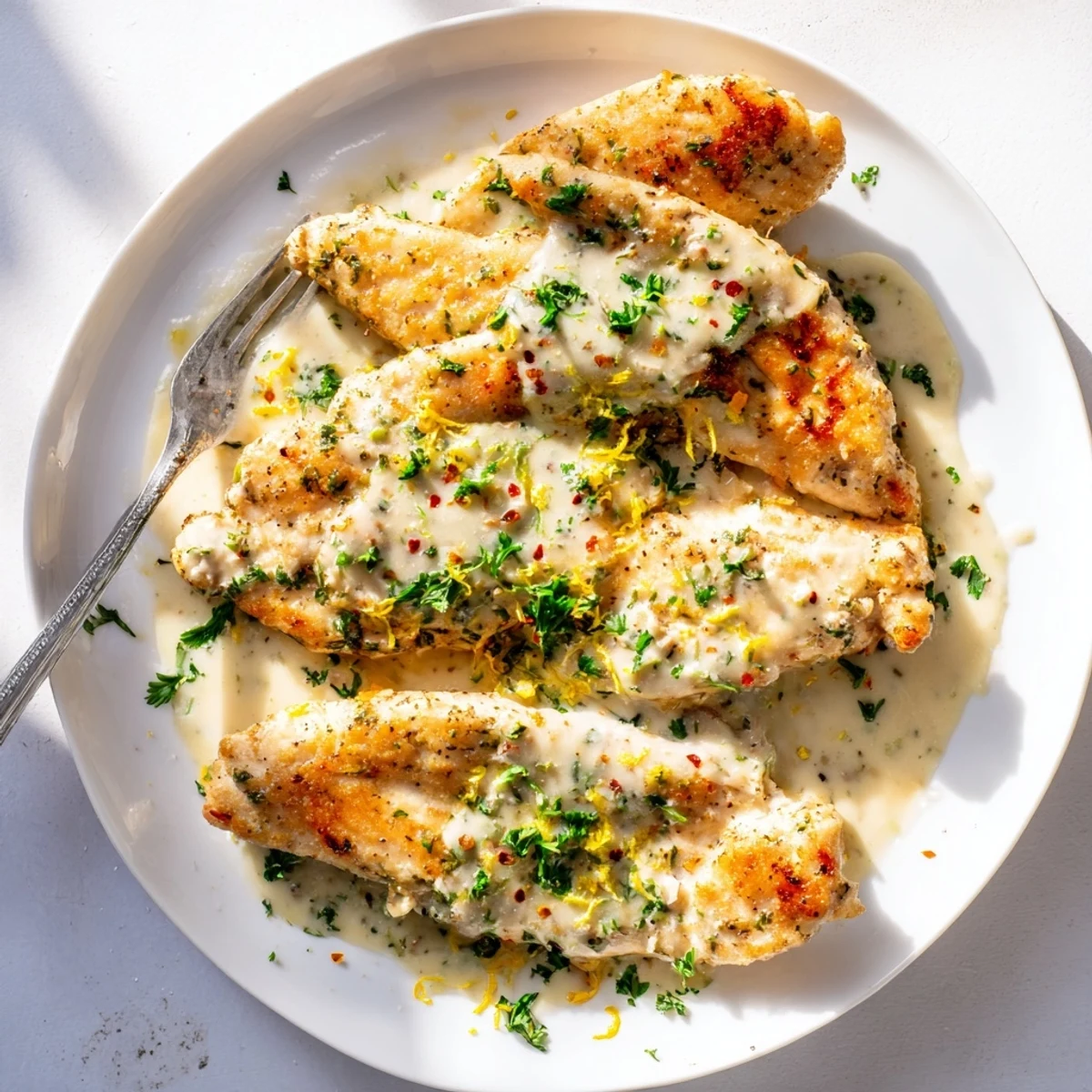 A close-up of Creamy Parmesan Lemon Chicken served over fluffy rice with a lemon wedge and spoon.