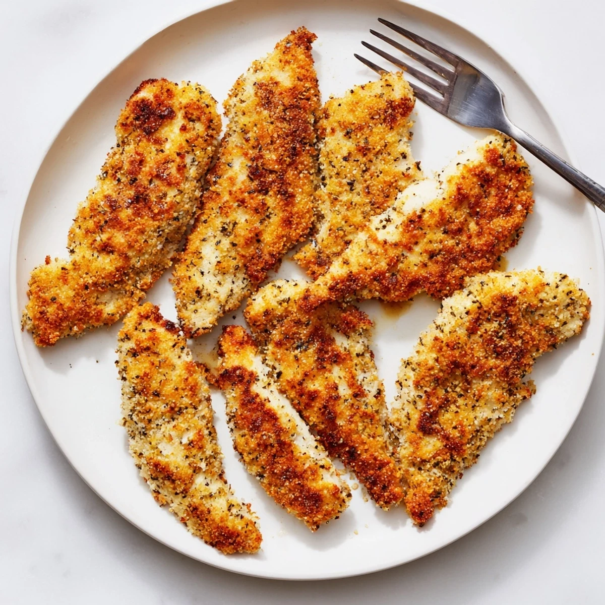 A close-up shows tender chicken coated in garlic-Parmesan breadcrumbs, baked to perfection and served with lemon wedges for extra zest.