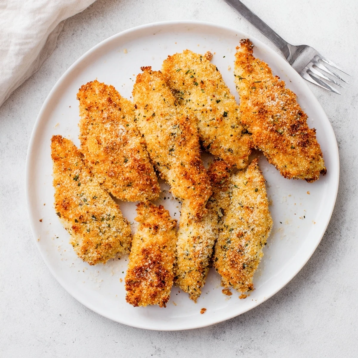 Family-style baked garlic Parmesan chicken plated beside roasted vegetables and a green salad, showcasing a golden, crunchy coating.