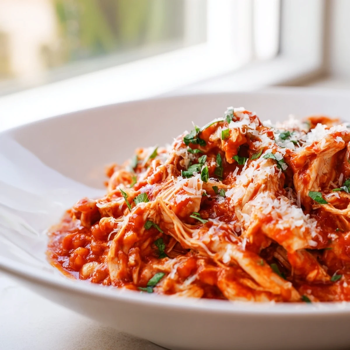 Slow cooker tomato basil chicken simmering in rich red sauce with melted Parmesan on top.