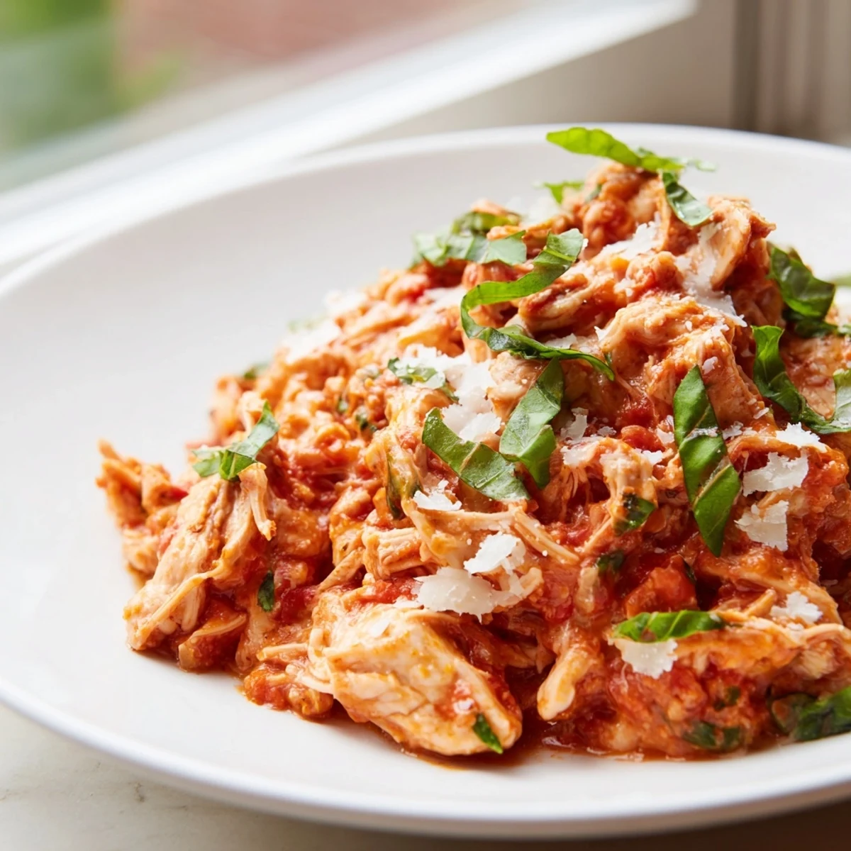 Warm slow cooker tomato basil chicken beside crusty bread and a glass of Chianti wine.