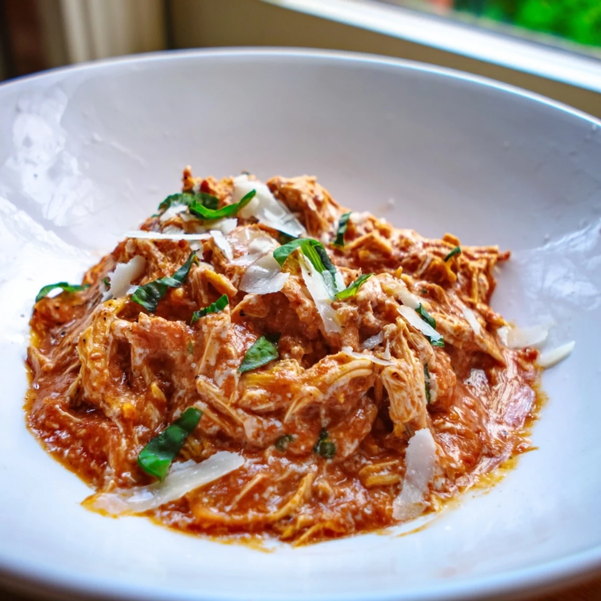 Fork-tender slow cooker tomato basil chicken served over creamy polenta and fresh basil garnish.