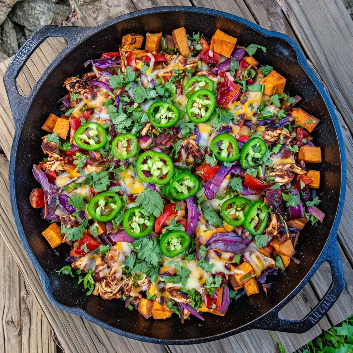 Cheesy Sweet Potato Skillet with BBQ Chicken bubbling hot in a cast iron pan, topped with green onions and jalapeño slices.