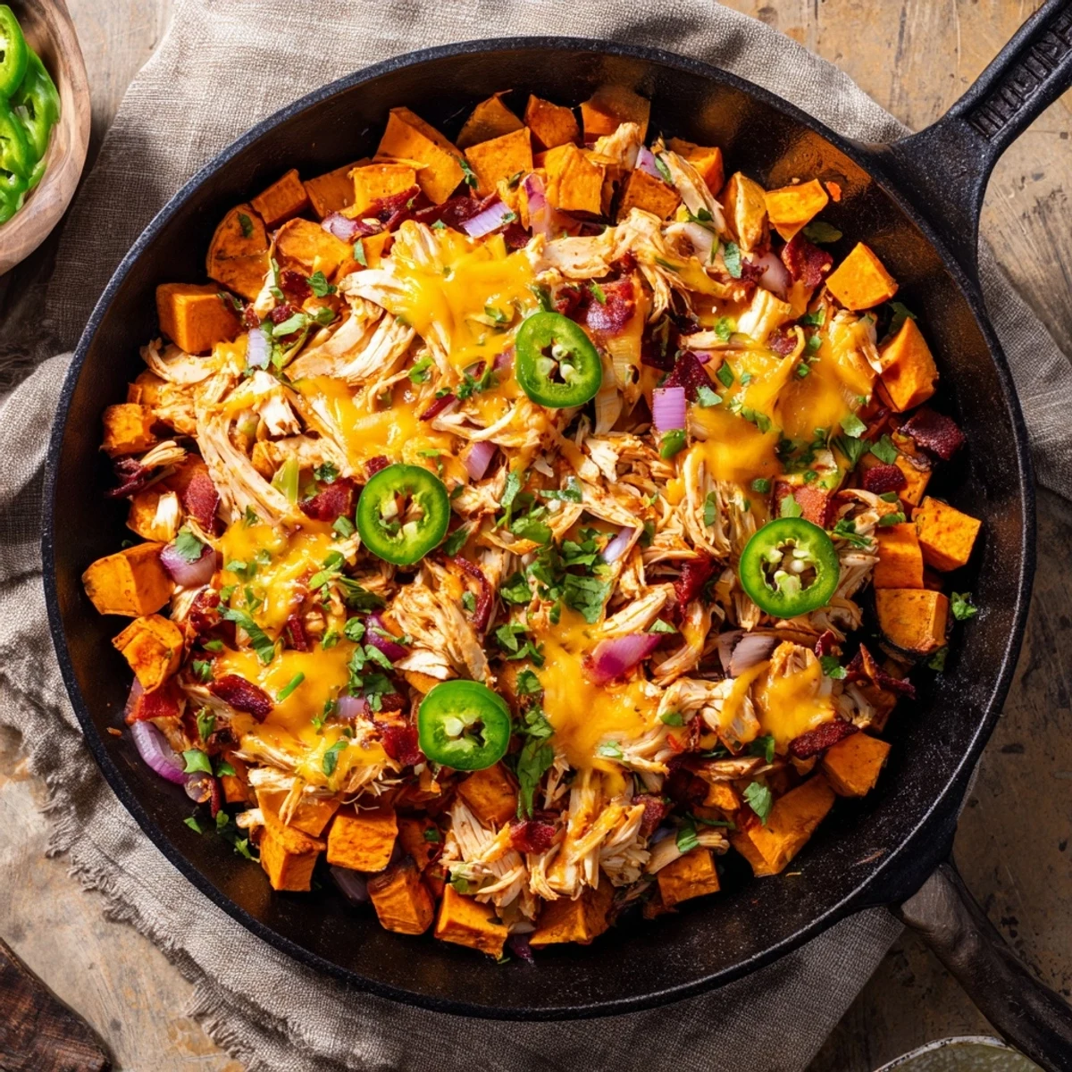 Golden Sweet Potato Skillet with BBQ Chicken and mozzarella, garnished with fresh cilantro and served steaming in a black skillet.