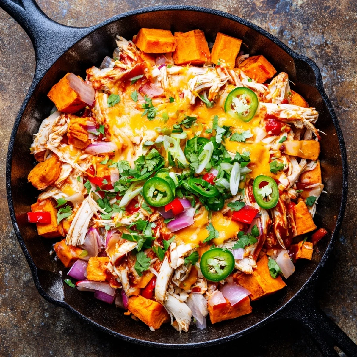 Hearty Sweet Potato Skillet with BBQ Chicken and melted cheddar, served alongside a crisp green salad on a rustic wooden table.