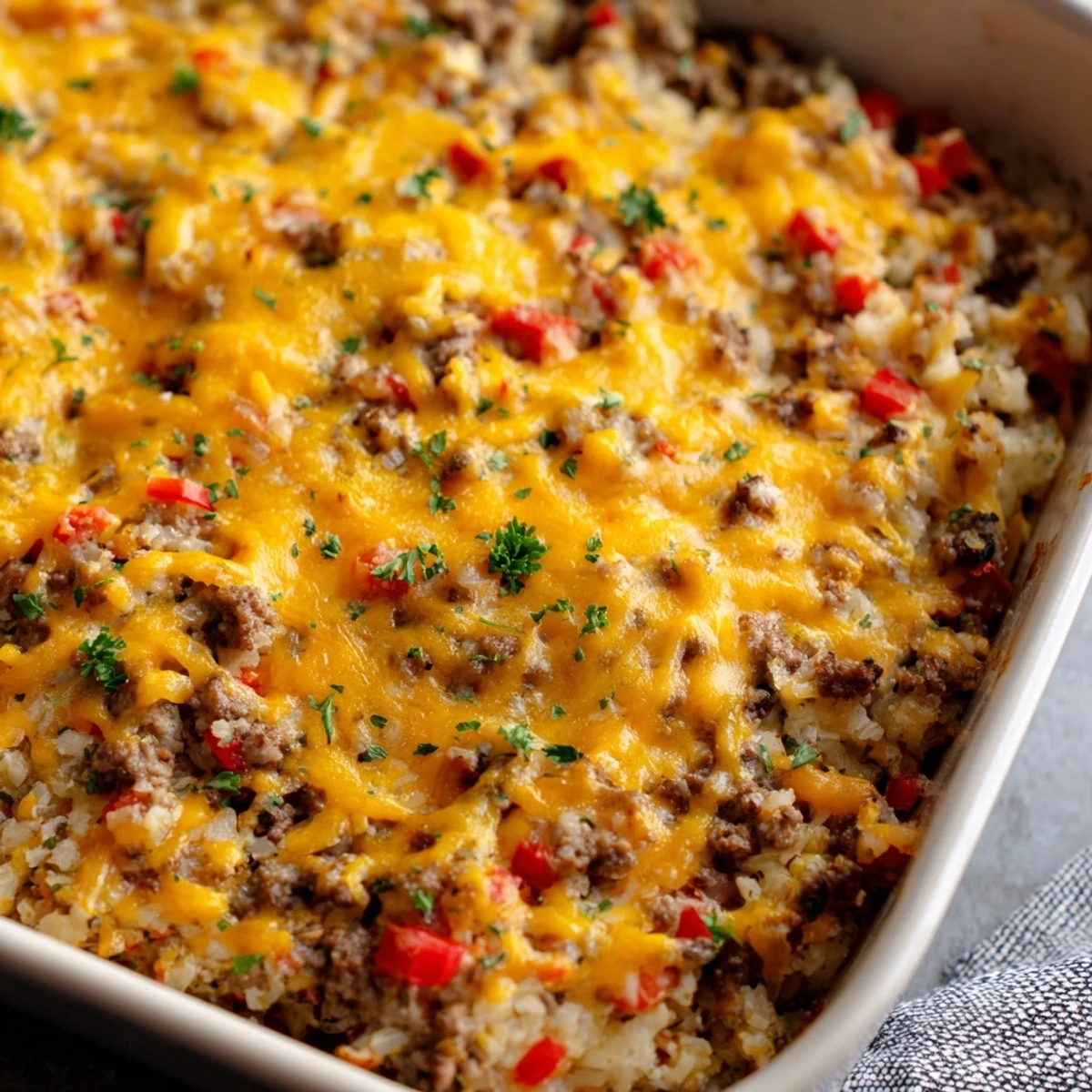 Ground Beef Casserole with Cauliflower Rice is served hot in a white dish, garnished with fresh parsley for color.