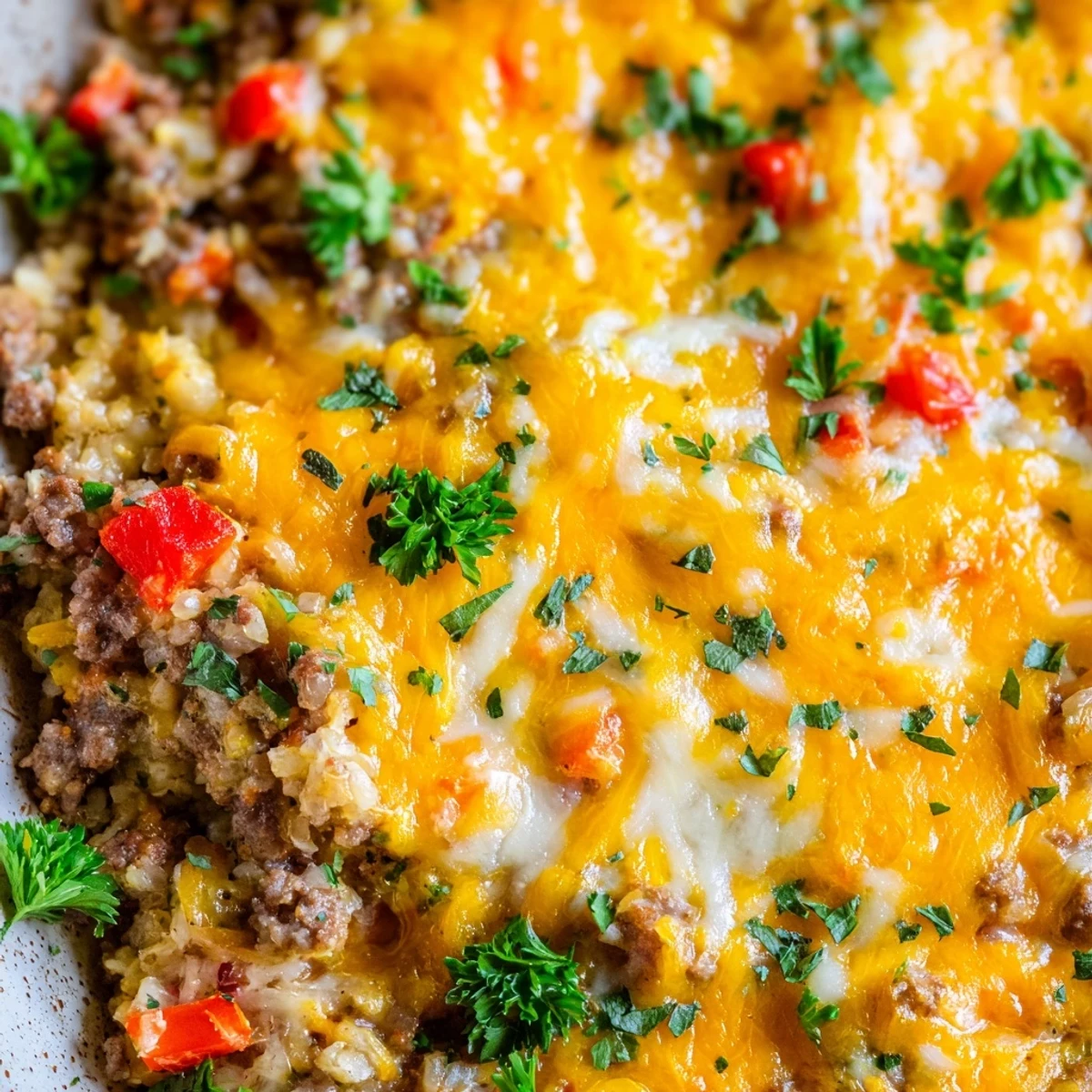 A close-up of Ground Beef Casserole with Cauliflower Rice, featuring a golden, bubbly cheese topping from the oven.