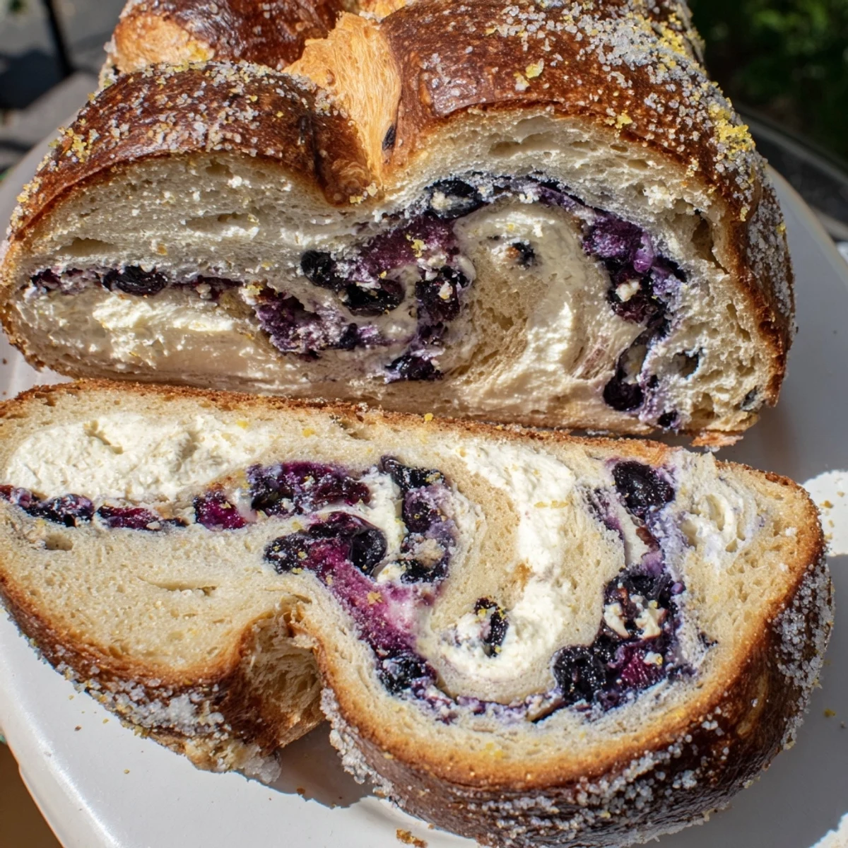 Golden Blueberry Lemon Cream Cheese Sourdough loaf baked to perfection, showing fresh blueberries and lemon zest.