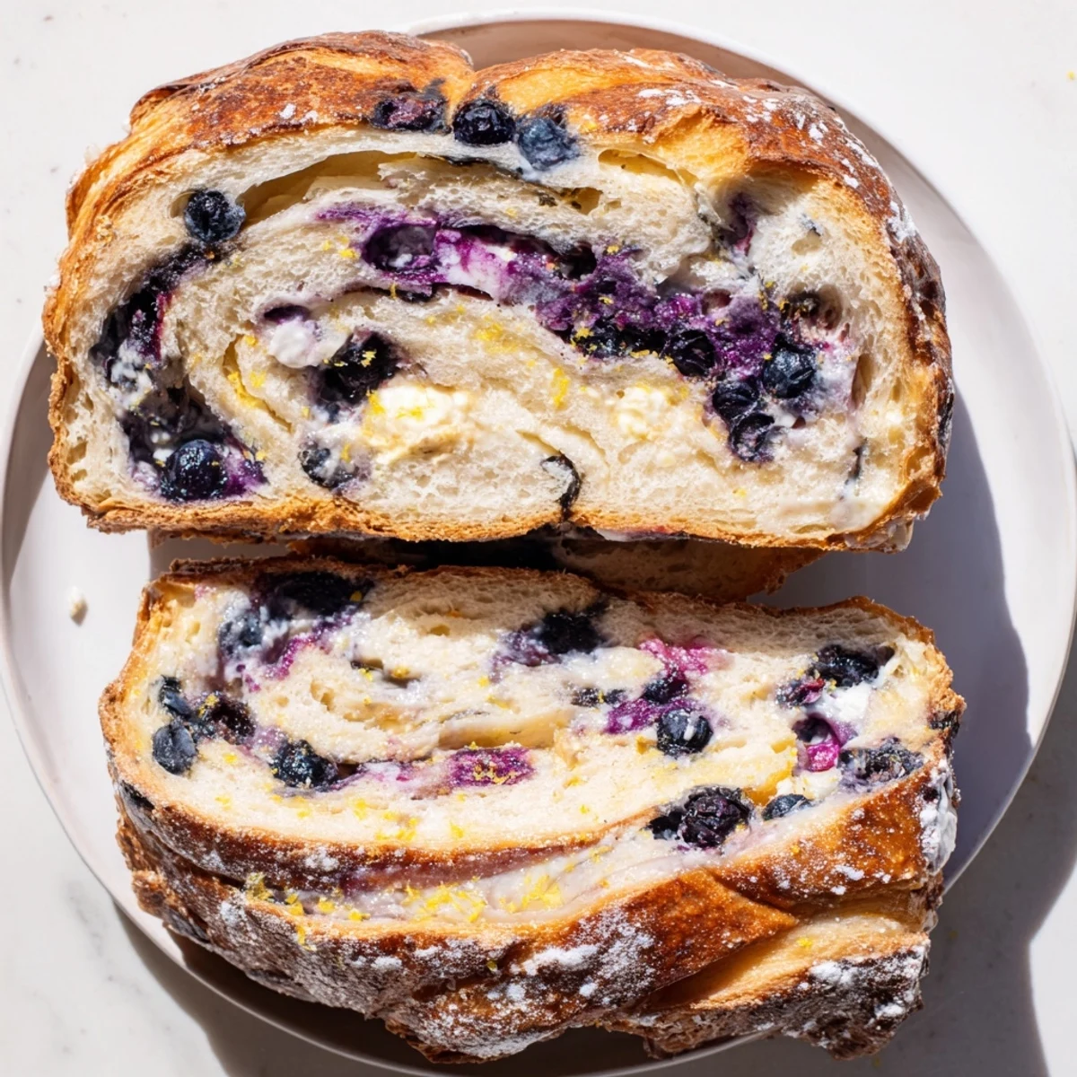 Close-up of Blueberry Lemon Cream Cheese Sourdough bread revealing blueberry pockets and a bright lemon glaze.