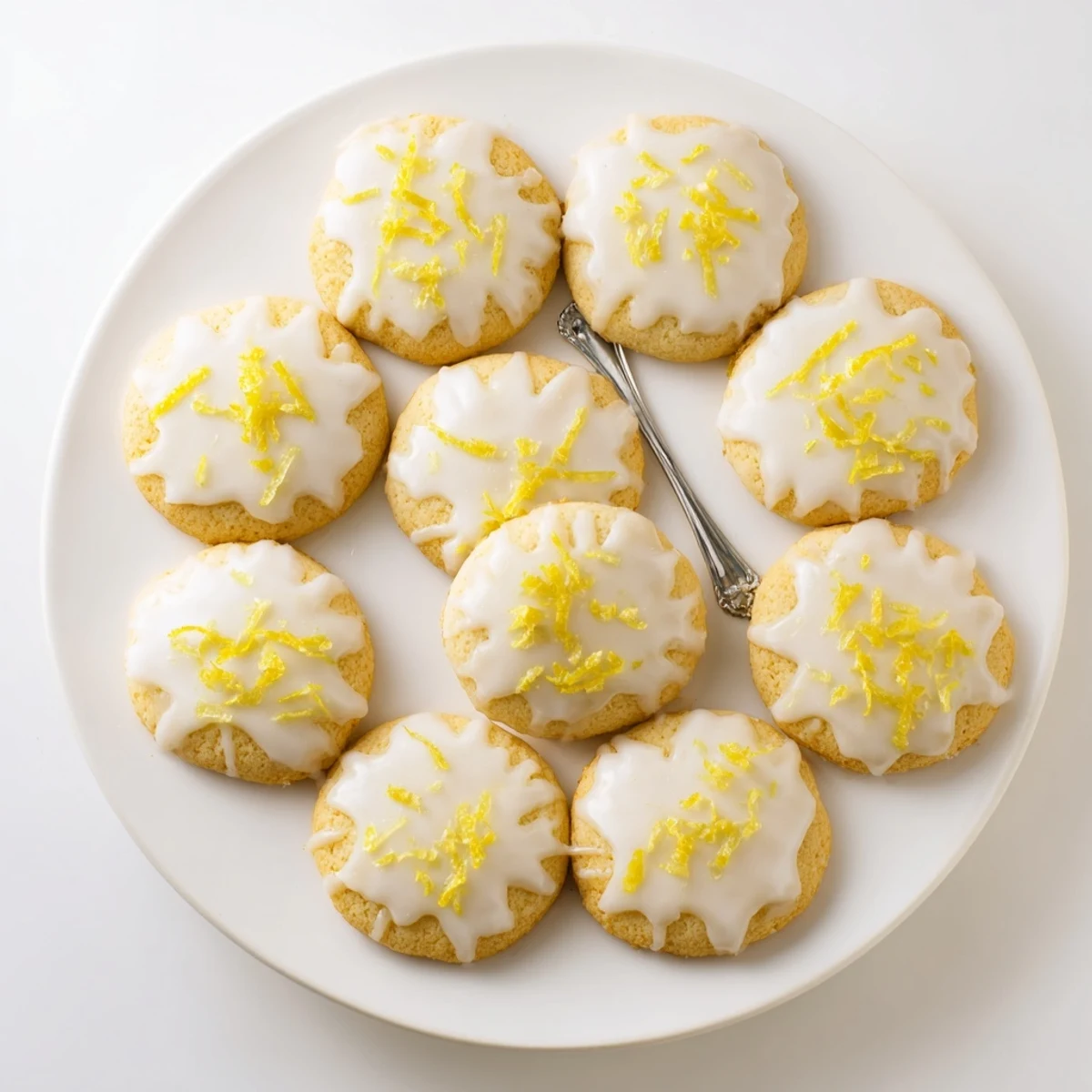 Freshly baked Limoncello Cookies rest on a wire rack with a glistening lemon glaze and zest garnish.