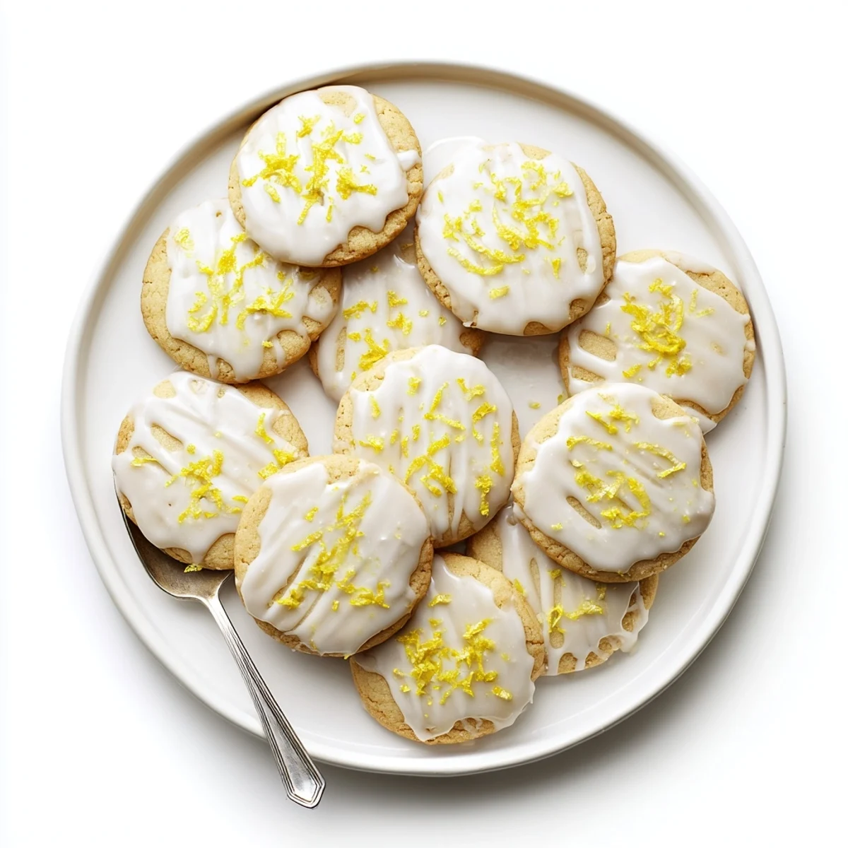 A close-up of glazed Limoncello Cookies shows buttery texture, vibrant yellow lemon zest, and a sweet drizzle.
