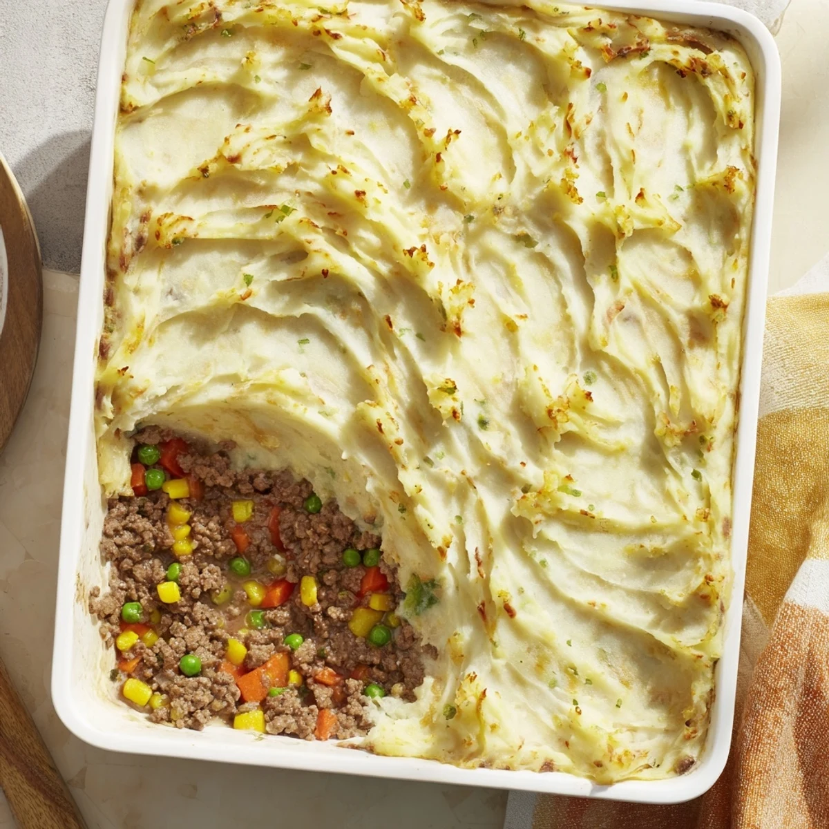 Creamy garlic mashed potatoes top the golden-bubbly Shepherds Pie with Creamy Garlic Mashed Potatoes.