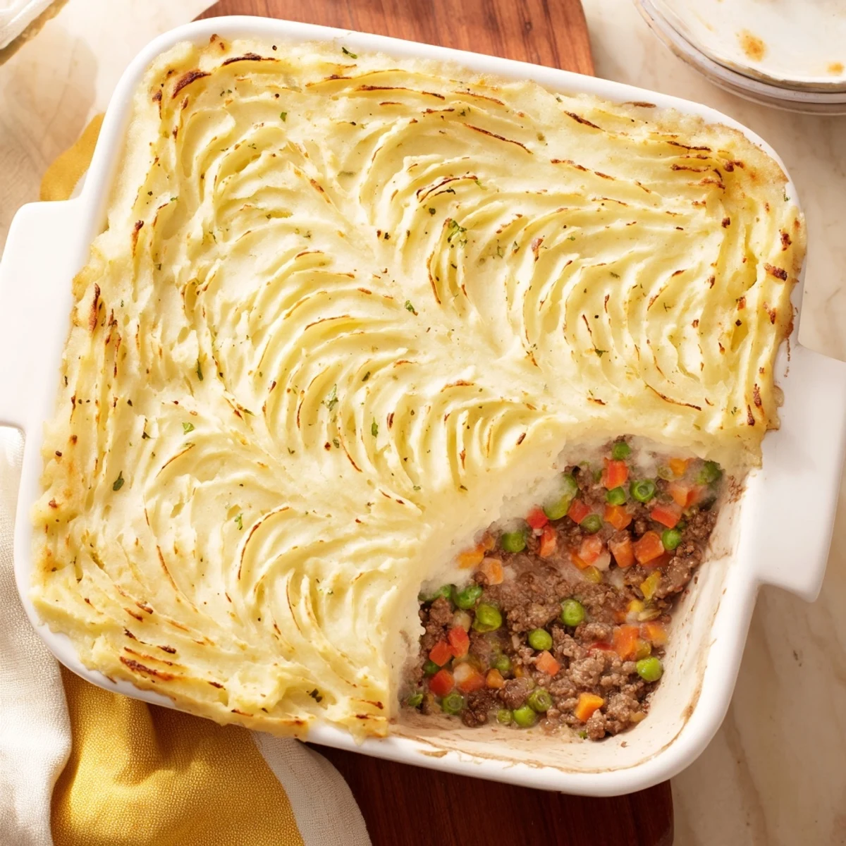 Hearty Shepherds Pie with Creamy Garlic Mashed Potatoes served warm for a comforting family dinner.
