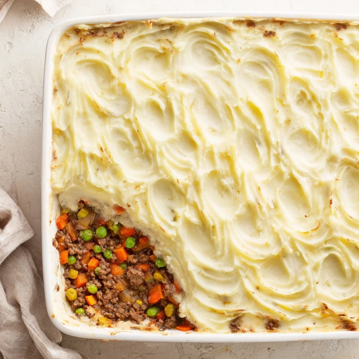 Savory ground lamb filling bubbles beneath fluffy potato swirls in Shepherds Pie with Creamy Garlic Mashed Potatoes.
