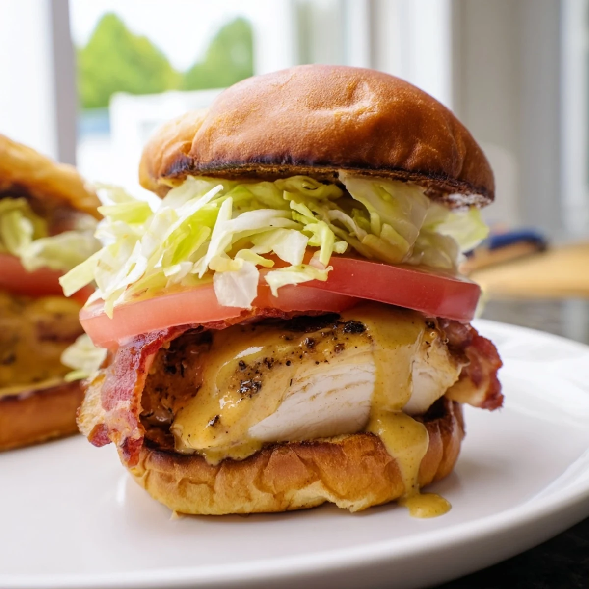 A close-up view of a Honey Mustard BLT Chicken Slider with melted butter on the bun, crunchy iceberg lettuce, and a tangy honey mustard sauce glaze.