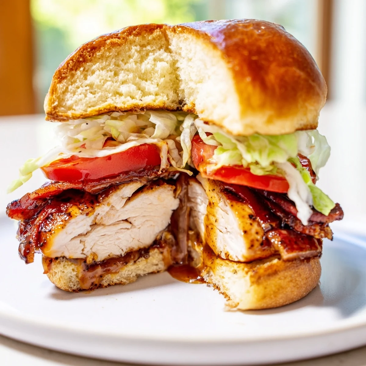 A rustic kitchen counter scene featuring stacked Honey Mustard BLT Chicken Sliders served alongside sweet potato fries for a perfect game day or family dinner.