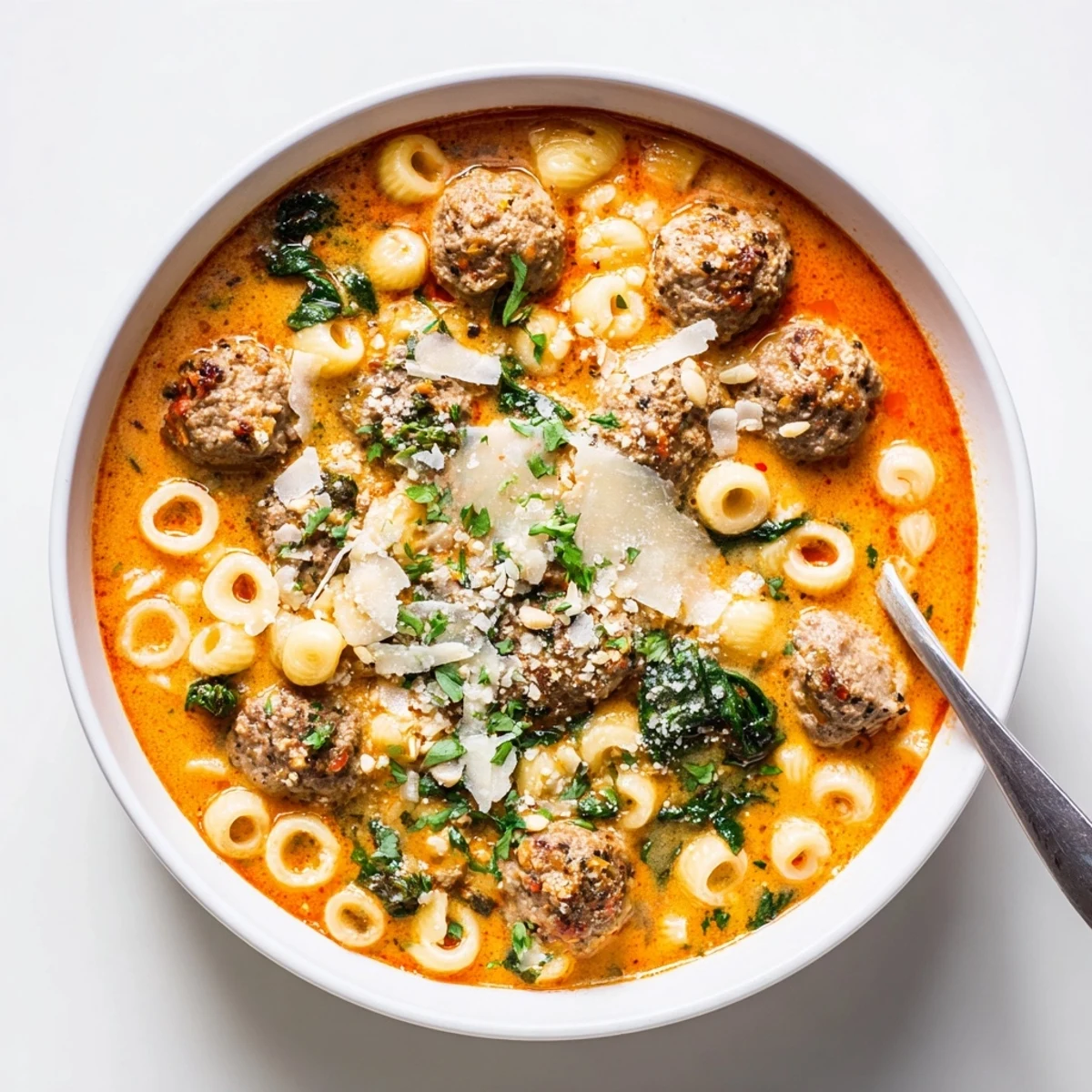 A bowl of creamy Italian meatball soup with tender beef meatballs, diced carrots, and wilted spinach in a rich tomato broth.