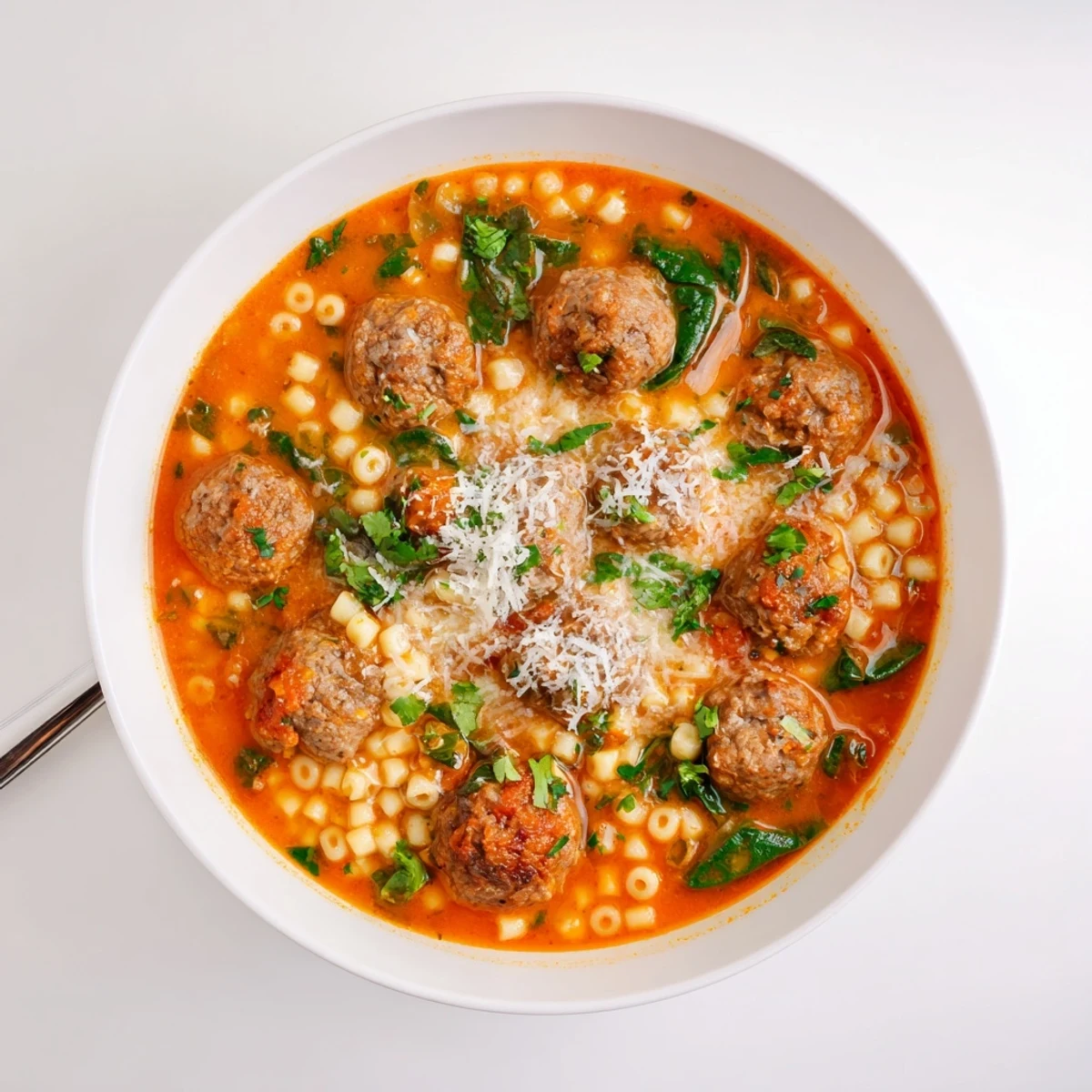 Creamy Italian meatball soup served steaming hot in a rustic bowl with grated Parmesan and a side of crusty bread.