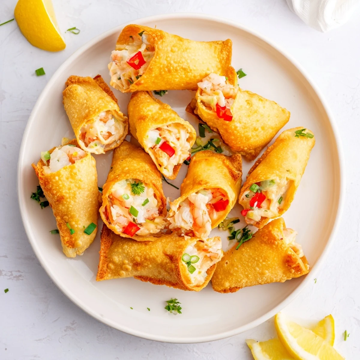 Crispy, golden Cheesy Seafood Tortilla Bombs filled with creamy shrimp and crab, served warm with lemon wedges.