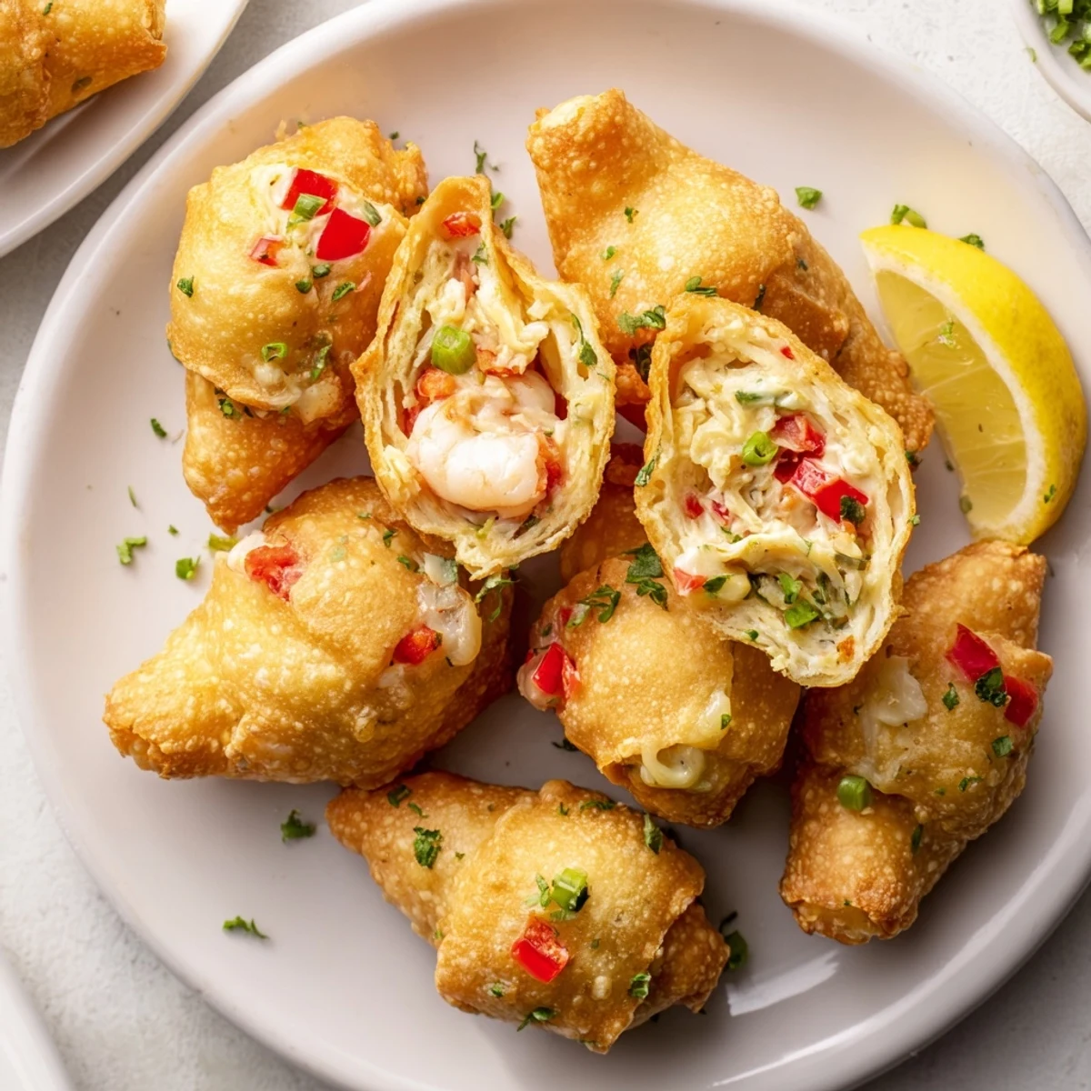 Close-up of golden Cheesy Seafood Tortilla Bombs on a platter, showcasing cheesy filling and fresh parsley garnish.