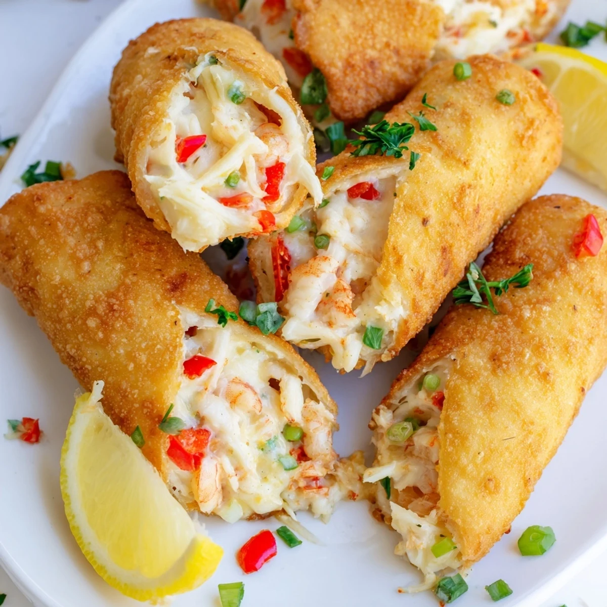 Steamy, cheesy Cheesy Seafood Tortilla Bombs with crunchy tortilla shells, arranged beside dipping sauce and lemon slices.