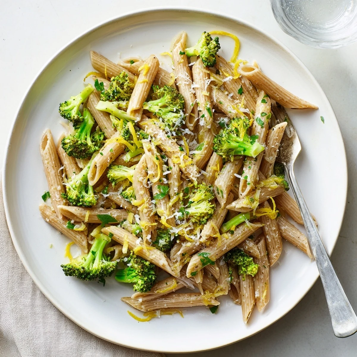 A close-up of Easy Healthy Broccoli Pasta with garlicky olive oil sauce and lemon zest ready to serve.