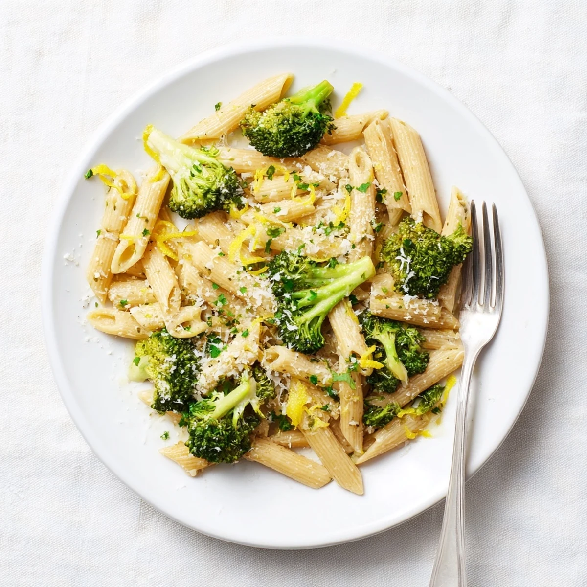Hearty Easy Healthy Broccoli Pasta plated on a white dish, garnished with parsley and red pepper flakes.