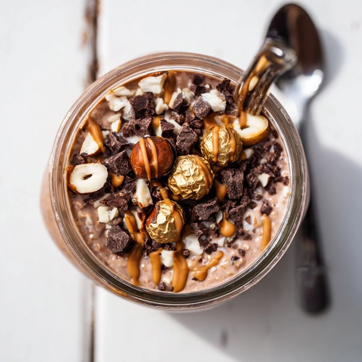 Creamy Ferrero Rocher Protein Overnight Oats topped with chopped hazelnuts and drizzled chocolate for a rich breakfast.