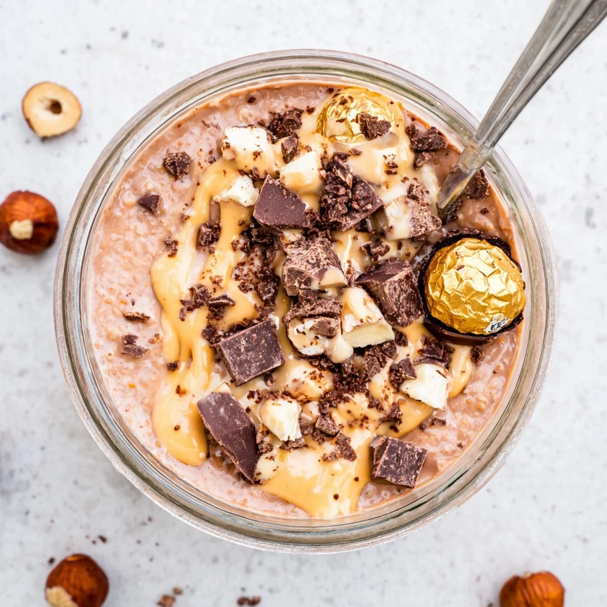 Overnight Ferrero Rocher Protein Oats layered with Greek yogurt and chocolate protein powder in a clear jar.