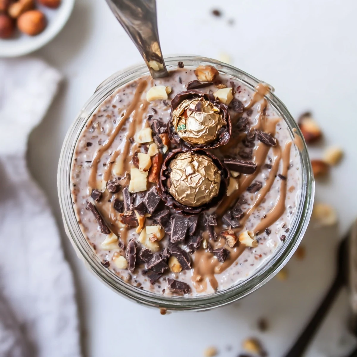 A serving of Ferrero Rocher Protein Overnight Oats with dark chocolate pieces and a hazelnut drizzle.