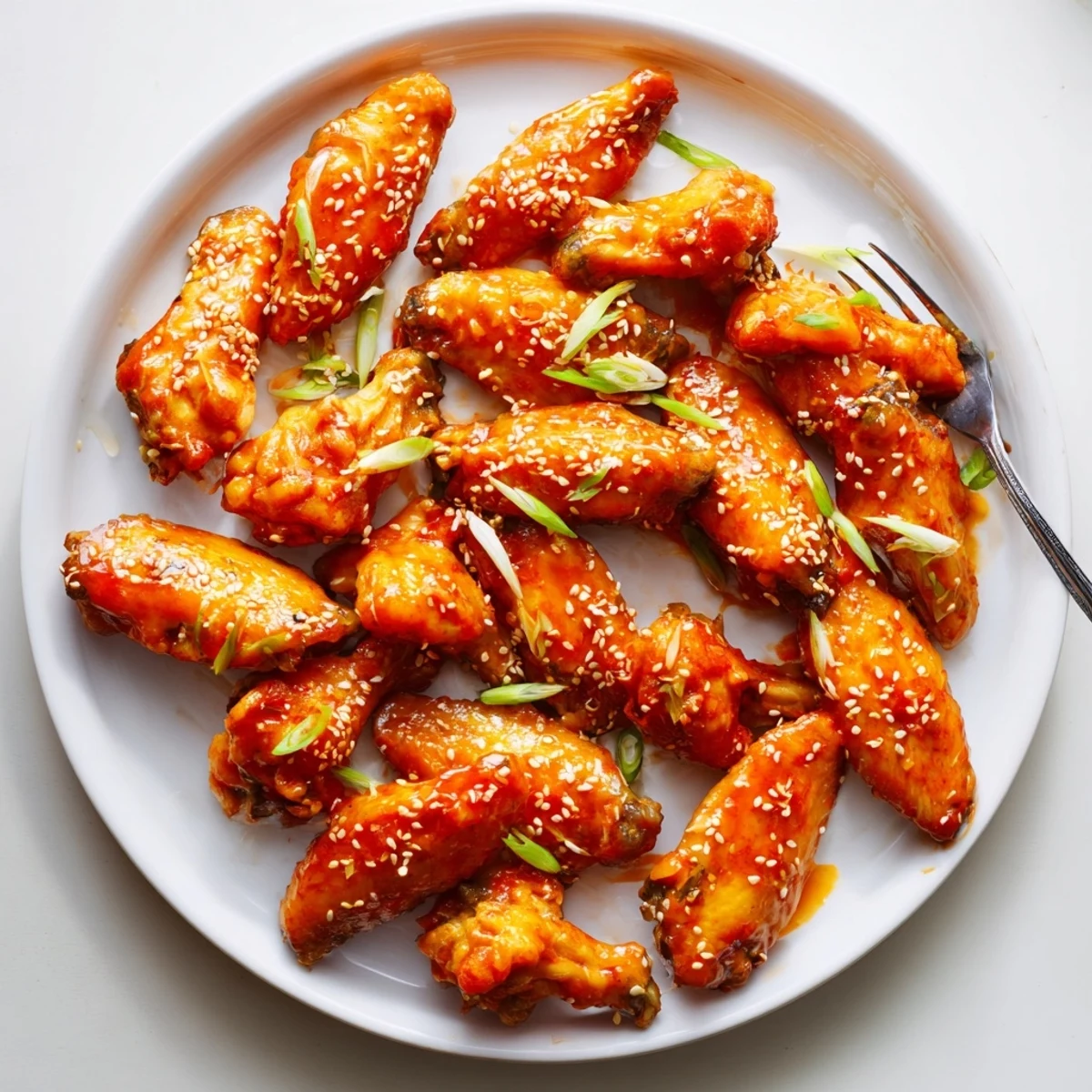 Sticky Orange Chicken Wings glisten with sticky glaze on a platter, garnished with sesame seeds and green onions.