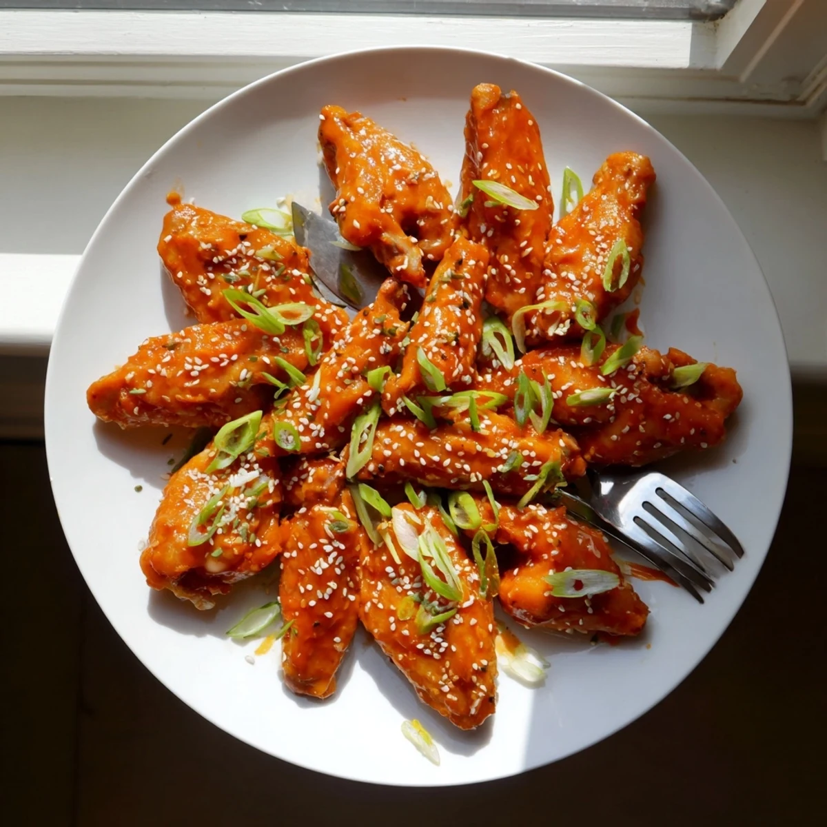 Oven baked Sticky Orange Chicken Wings served on a wooden board with steamed rice and fresh scallions.