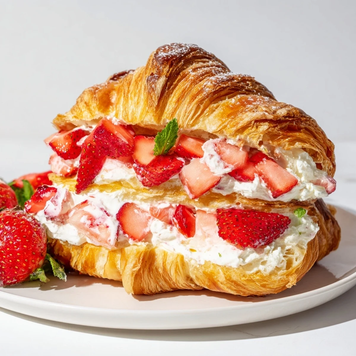 Freshly baked Strawberry Cream Croissant dusted with powdered sugar and topped with sliced strawberries.